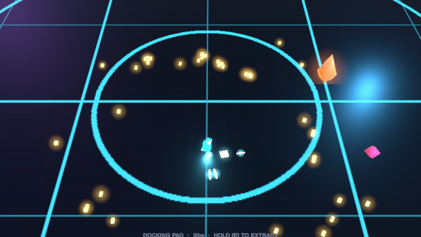 Third-person swarm combat in the derelict arena: muzzle flash, salvage orbs and a closing swarm