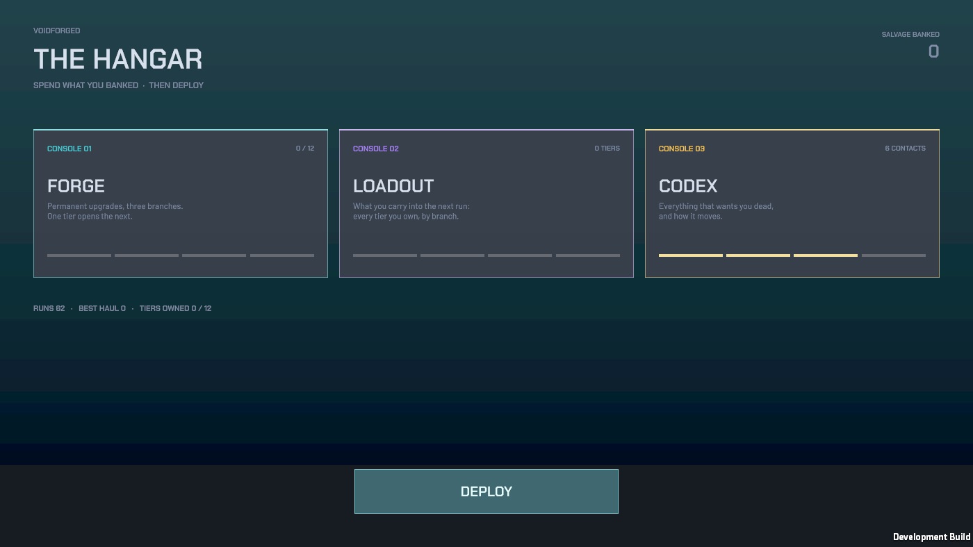 The hangar between runs: three consoles to spend banked salvage on, and the deploy bar