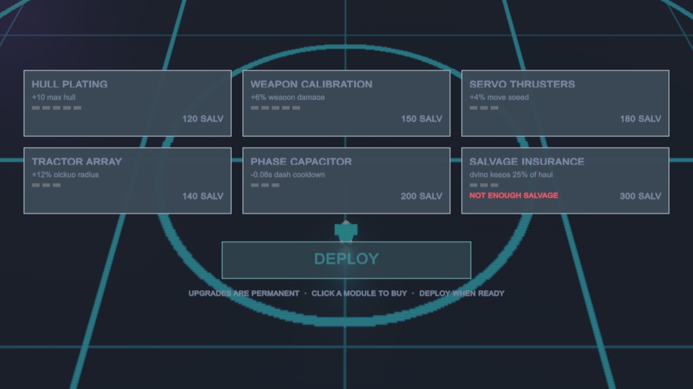 The hangar screen where banked salvage is spent on the Forge